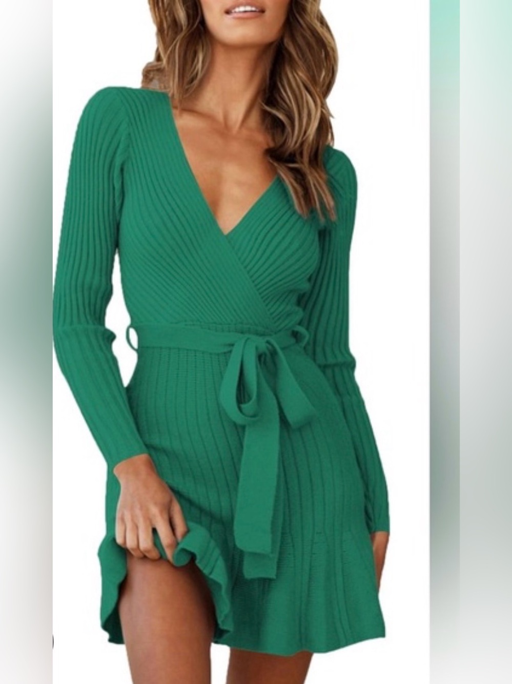 Green Ribbed Wrap Dress with Tie Waist